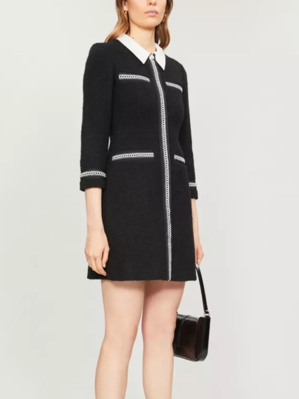 Maje Renali Contrast Collar Tweed Mini Dress Black White Button W/ Tags FR 34 XS